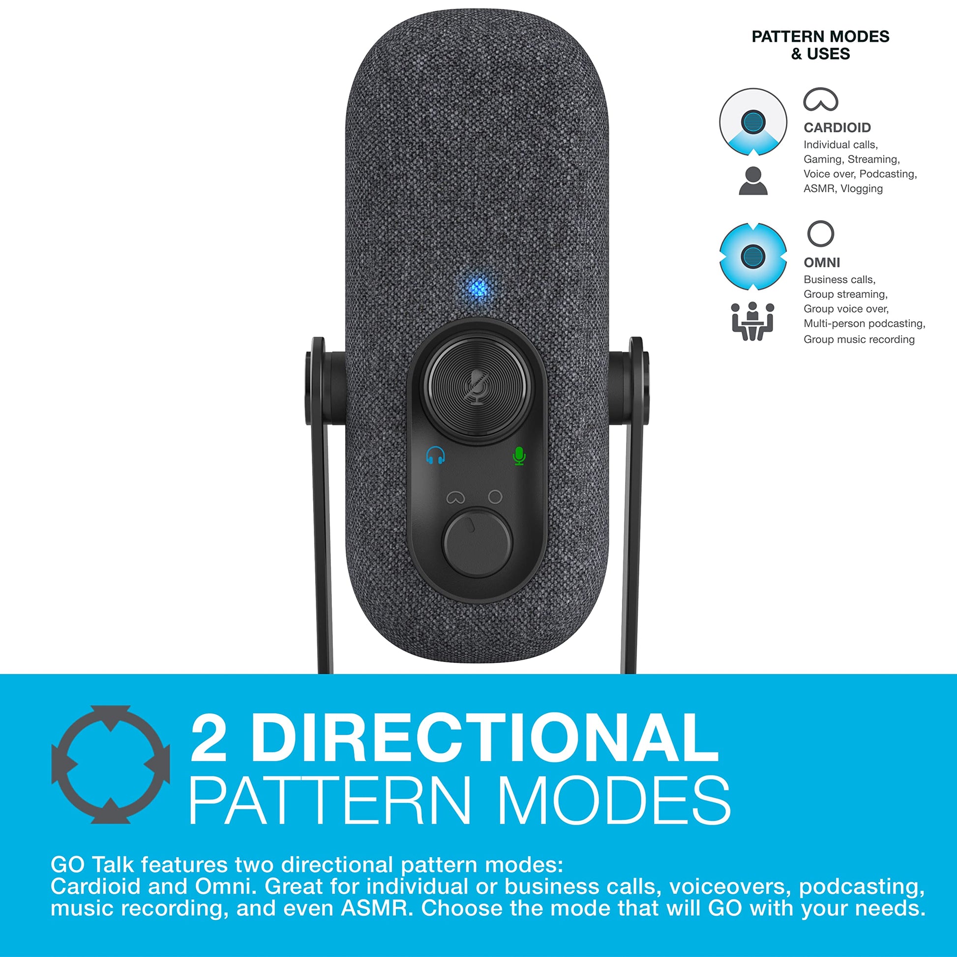 JLab Go Talk Micrófono USB | Negro | Salida USB-C | Cardioide u omnidireccional | Frecuencia de muestreo de 96 K | Respuesta de frecuencia de 20 Hz - 20 kHz | Control de volumen y silencio rápido | AUX de 3,5 mm | Plug and Play