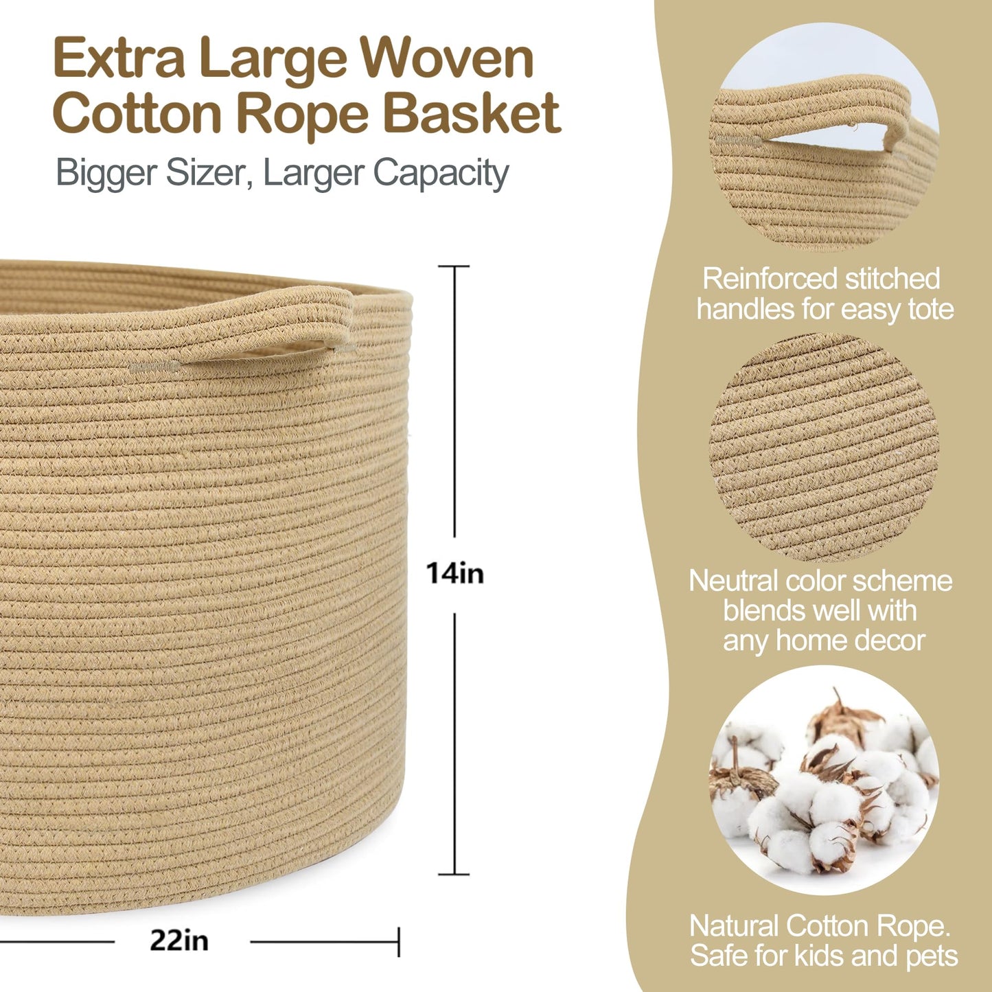MEGASKET Cesta grande de almacenamiento de yute de 55.88 x 55.88 x 35.56 cm, cesta de almacenamiento de animales de peluche, cesta de cuerda de algodón suave con asa, almacenamiento de mantas, cesta