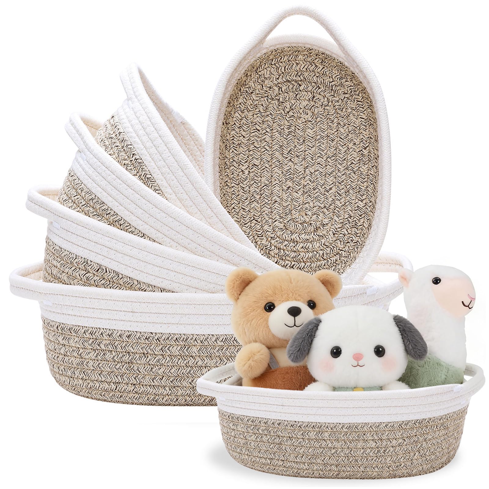 NUIO 5 Piezas Canastas Organizadoras Rectangulares de Algodón Natural con Asas, Caja Cestas de Almacenamiento,Ideal para Baño, Juguetes Infantiles, Clóset, Maquillaje y Organización del Baño (caqui)