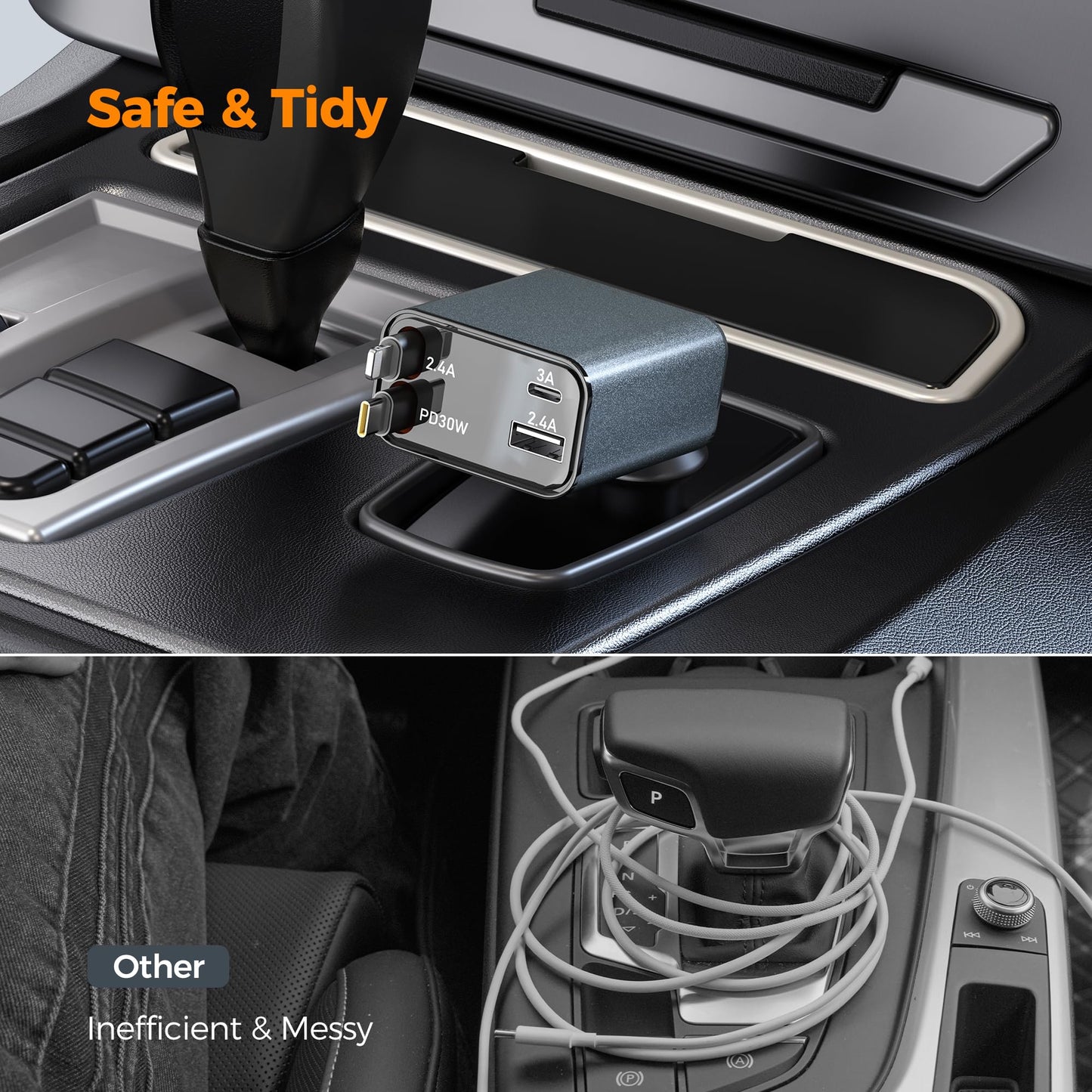 TESSAN Cargador para Auto Retráctil 69W, 4 en 1 USB C Cargador de Coche con 31.5in de Cable y 180° de Rotación, Accesorios para Auto Rápida Carga Compatible con iPhone 16/15, S24/S25 Ultra, Gris