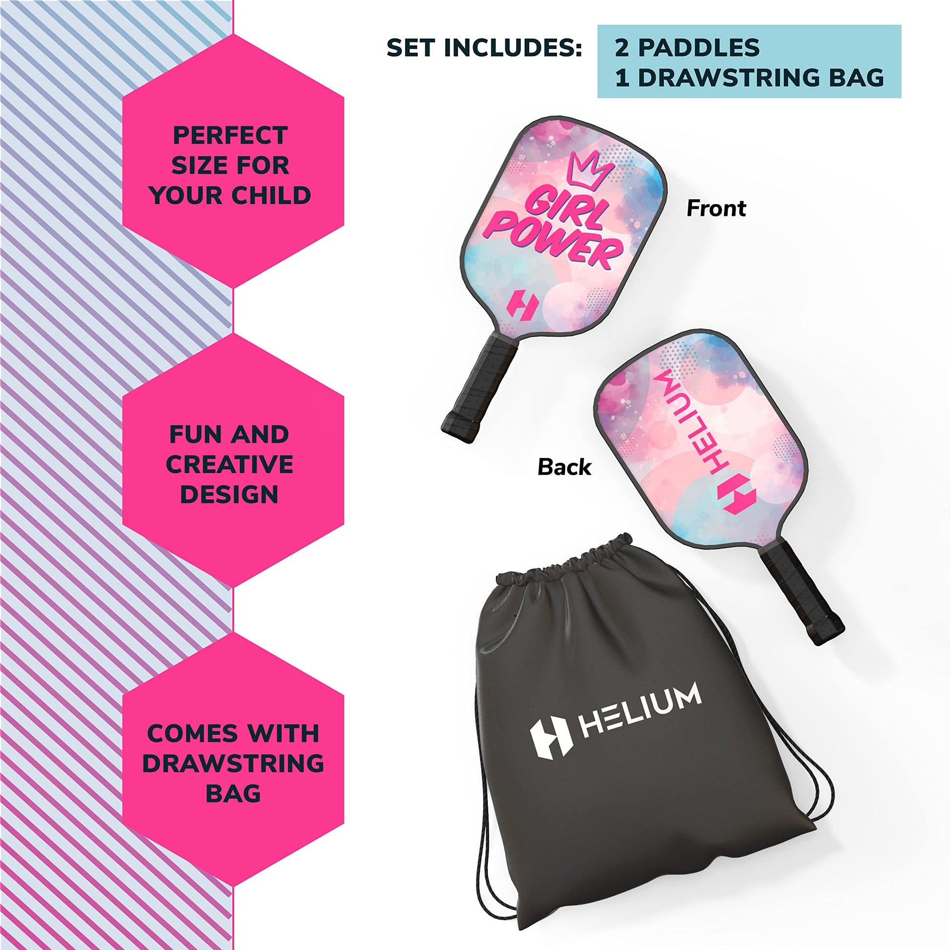 Helium Paleta de Pickleball para niños (2 Unidades, Girl Power), tamaño Infantil, núcleo de Panal, Cara de Impacto de Grafito, Agarre cómodo Premium, Pala de Pickleball y Bolsa con cordón