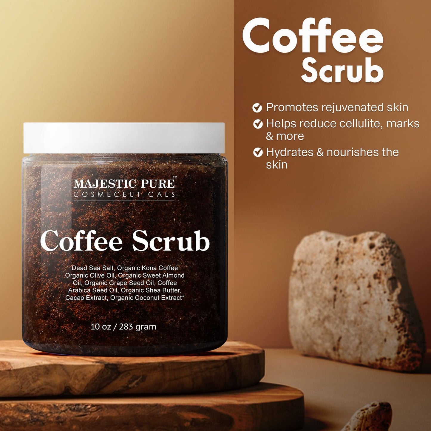 Majestic Pure Arabica Coffee Scrub - All Natural Body Scrub for Skin Care, Stretch Marks, Acne & Cellulite, Eczema, Age Spots & Varicose Veins - 10 Oz, 283 g