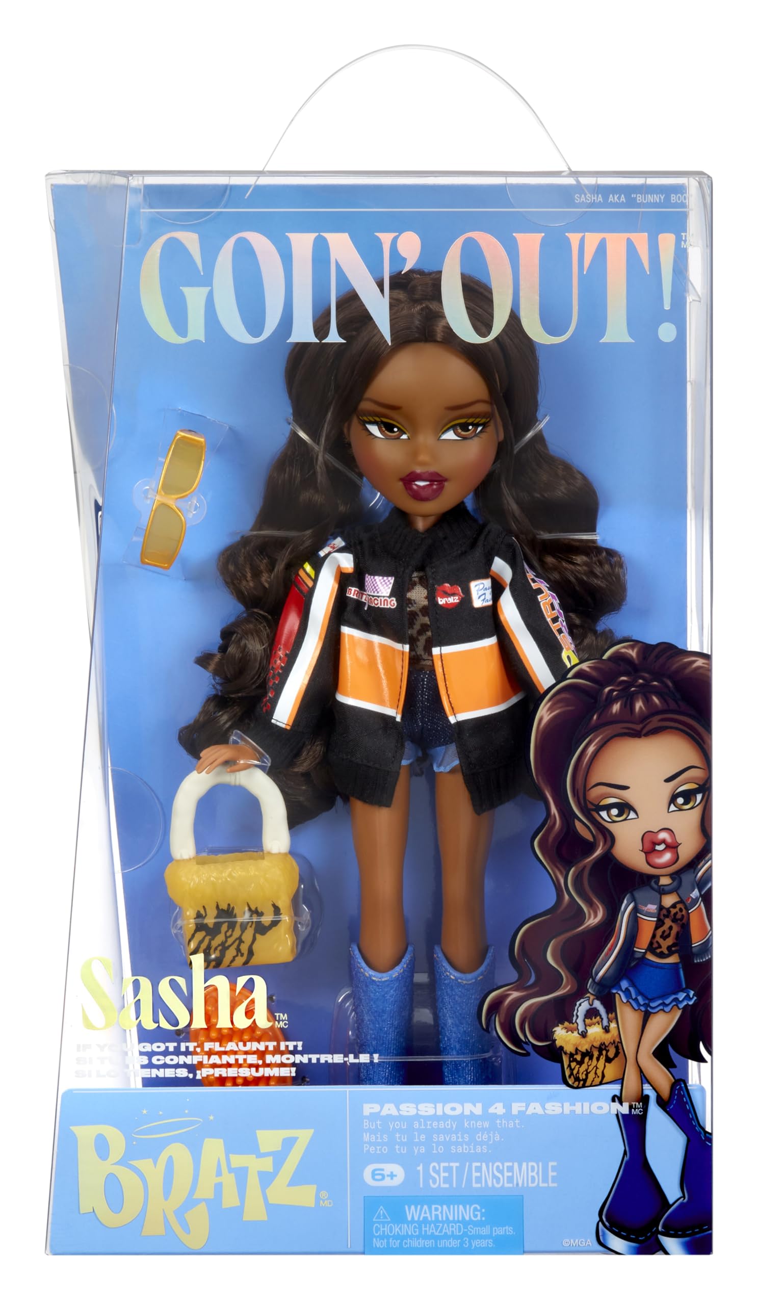 Bratz GOIN out! - Sasha - 1 Muñeca de Moda Coleccionable con Accesorios, Viene con un Conjunto, un Bolso, un Par de Gafas de Sol y un Cepillo - Juguete para Niños - para Mayores de 6 Años