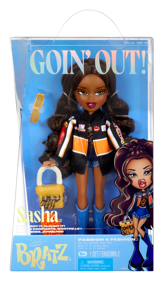 Bratz GOIN out! - Sasha - 1 Muñeca de Moda Coleccionable con Accesorios, Viene con un Conjunto, un Bolso, un Par de Gafas de Sol y un Cepillo - Juguete para Niños - para Mayores de 6 Años