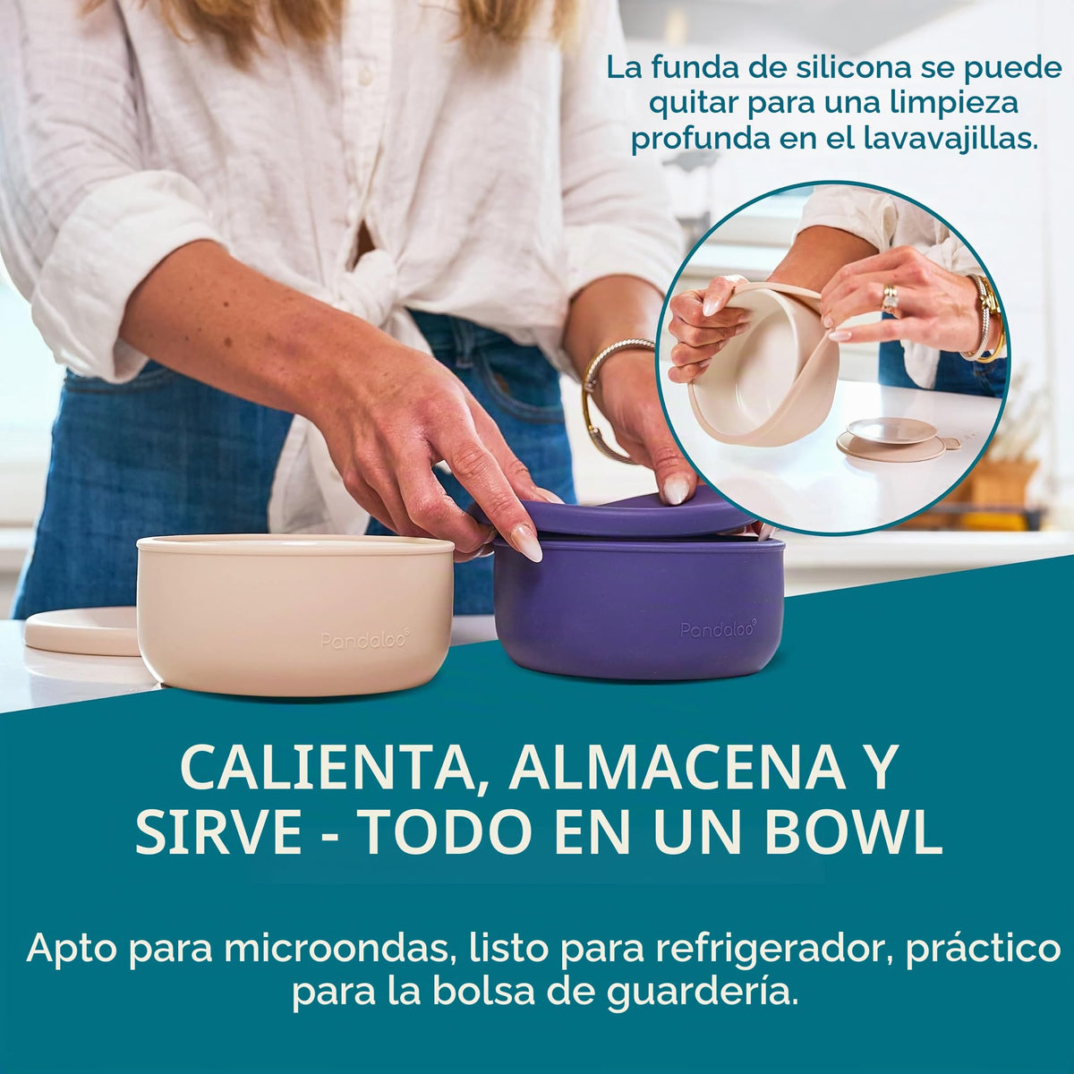 Pandaloo - Cuencos de porcelana para niños con funda y tapa de silicona extraíble, base de succión fuerte, apto para microondas y lavavajillas, a prueba de niños pequeños, cuencos de alimentación de