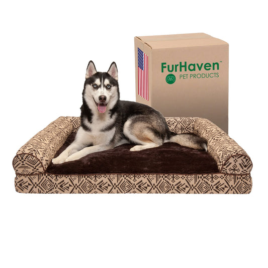 Furhaven XL Orthopedic Dog Bed Plush & Southwest Kilim Decor Sofa-Style w/Removable Washable Cover - Desert Brown, Jumbo (X-Large)