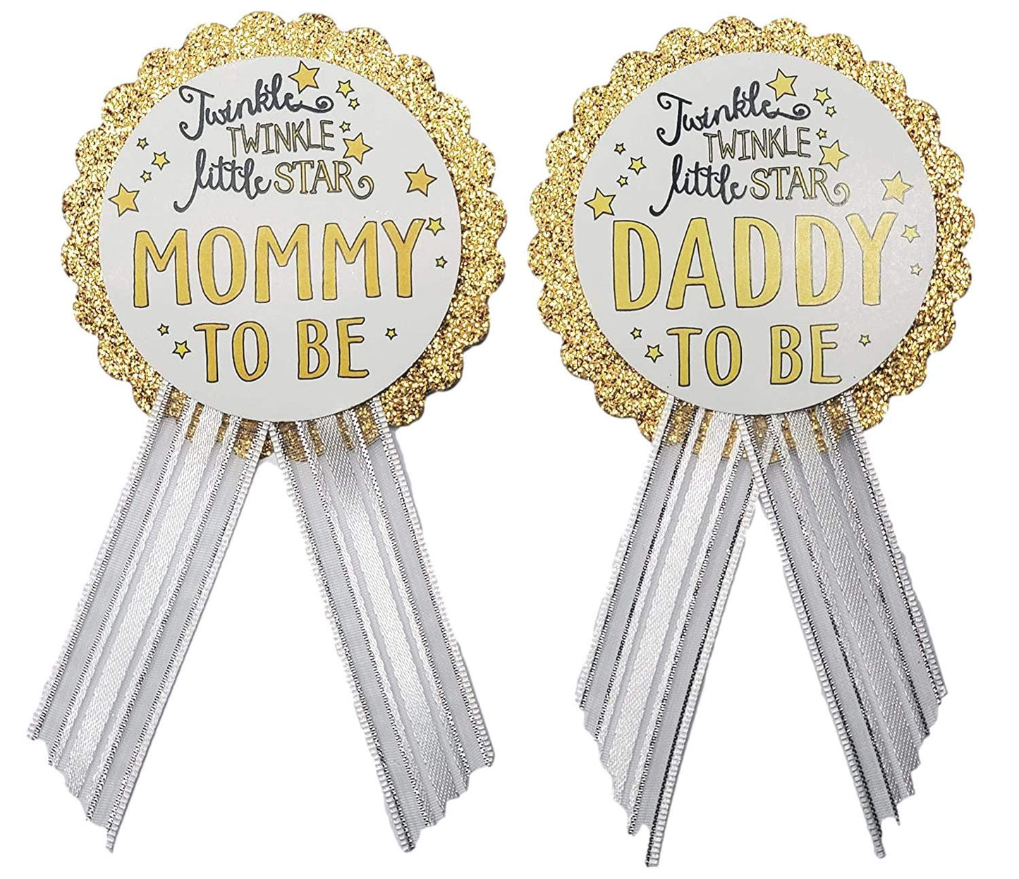 Twinkle Little Star - Juego de alfileres para baby shower – Cintas de satén blanco y purpurina dorada para mamá y papá a ser, Una talla, Cartulina cartulina cinta de satén pin de acero inoxidable, No