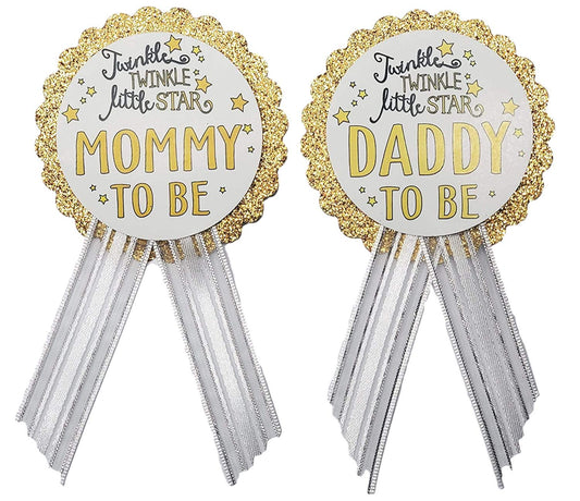 Twinkle Little Star - Juego de alfileres para baby shower – Cintas de satén blanco y purpurina dorada para mamá y papá a ser, Una talla, Cartulina cartulina cinta de satén pin de acero inoxidable, No