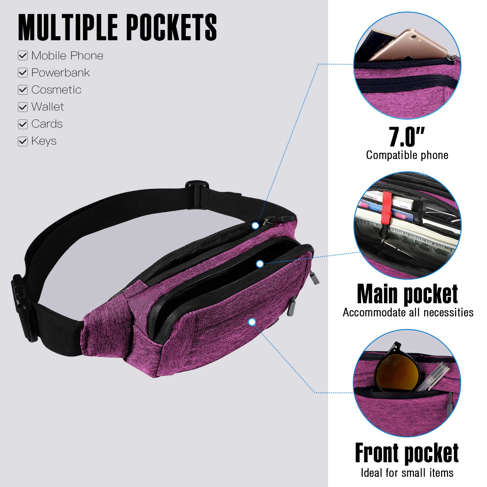 Riñonera Deportiva WATERFLY Negra con Cinturón Extendido para Mujer y Hombre