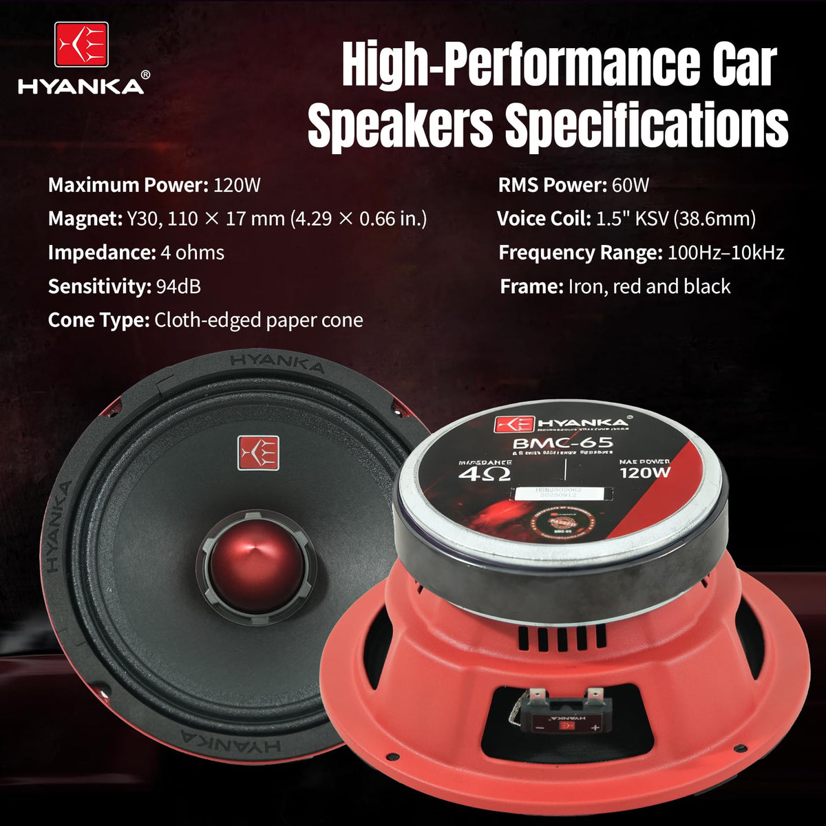 Altavoces de Rango Medio H YANKA BMC-65 para Puerta de Coche 6.5 Pulgadas
