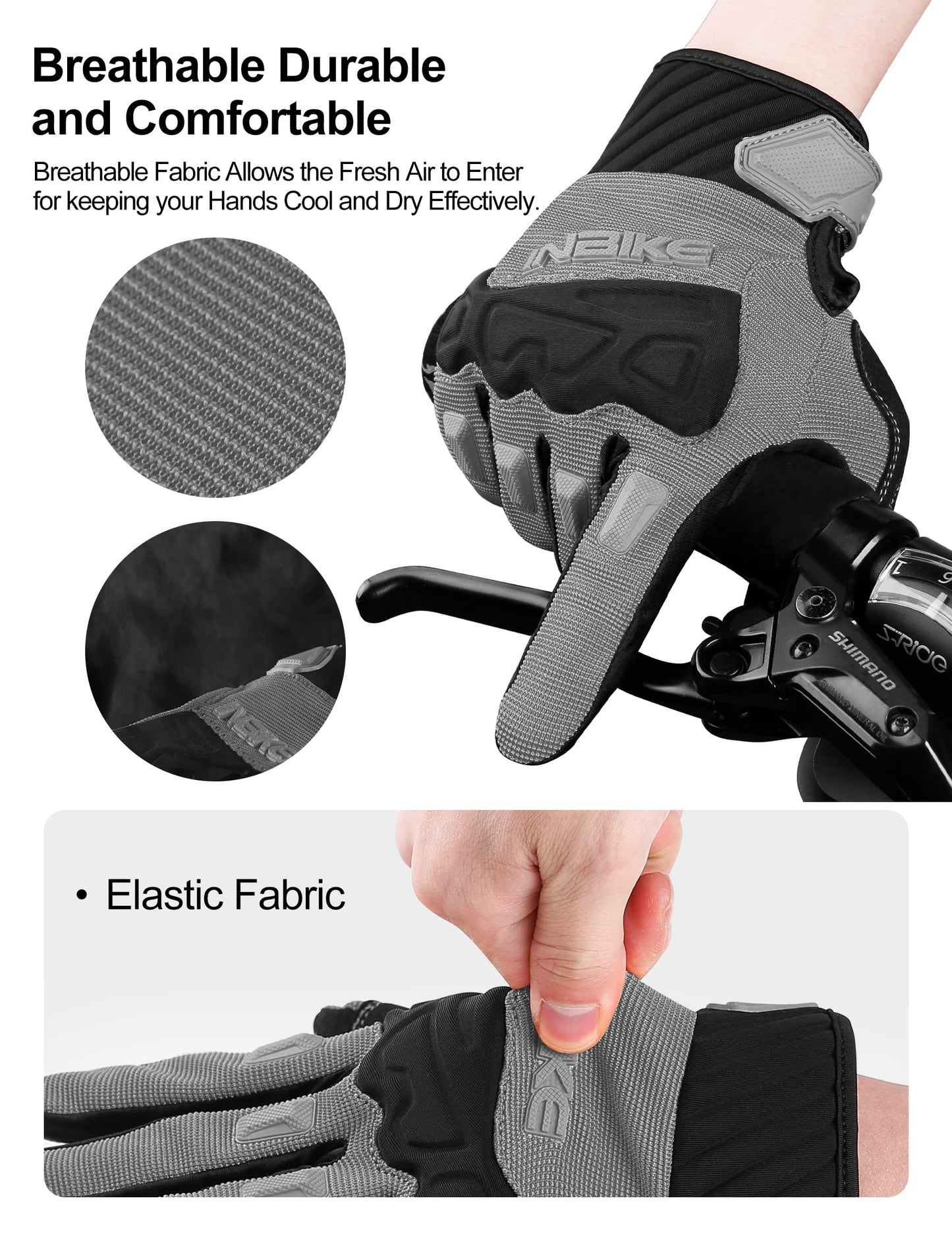 INBIKE - Guantes de bicicleta de montaña para hombre, gris, resistentes al desgaste, antideslizantes y resistentes a los golpes, acolchados, transpirables, con soporte de pantalla táctil