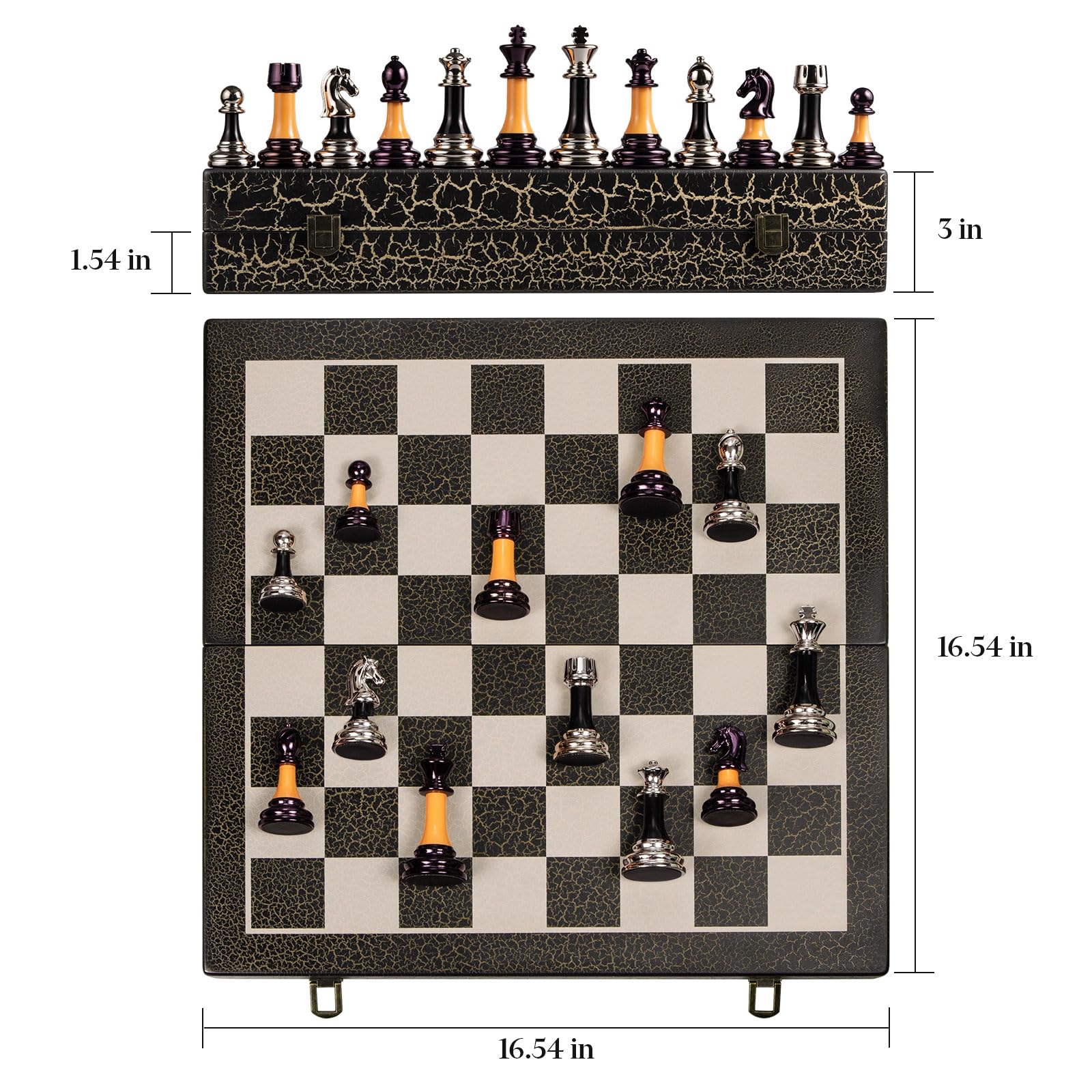 BIVOMON - Juego de ajedrez de madera plegable de 16 pulgadas, color negro y blanco, piezas de ajedrez acrílico con peso de lujo con ranuras de almacenamiento para adultos y niños, regalo grande