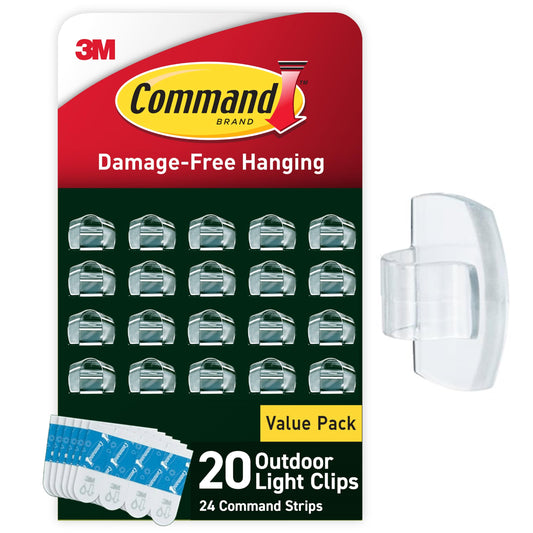 Command Clips de luz para exteriores, clips de luz colgantes sin daños con tiras adhesivas, clips de pared para colgar decoraciones de Navidad al aire última intervensión, luces y cables, 20 clips transparentes y 24 tiras de comando