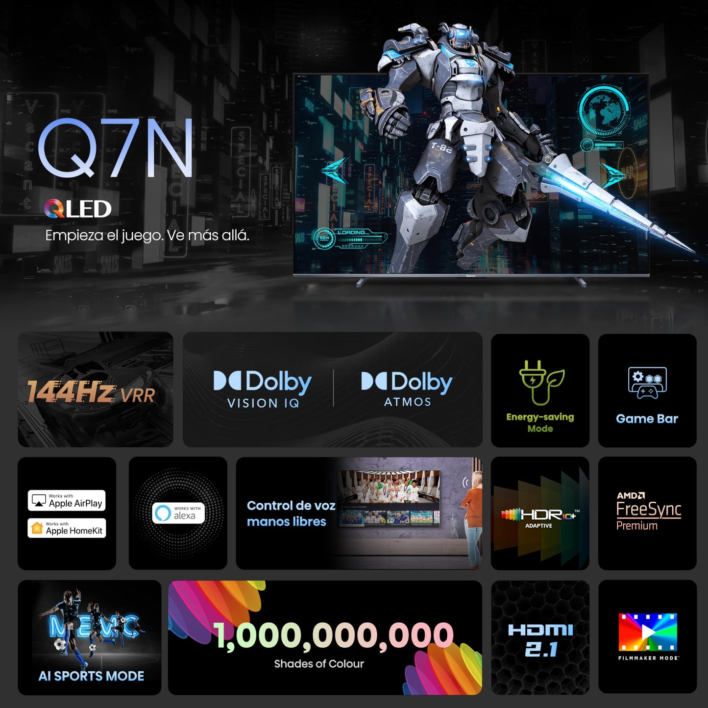 Hisense Television QD7N Pantalla 100 Pulgadas,QLED Smart Google TV UHD 4K,Control Remoto por Voz con Alexa,Dolby Vision Atmos, Modo de Juego Pro de 144 Hz, AMD Freesync Premium Pro,Total HDR Solution