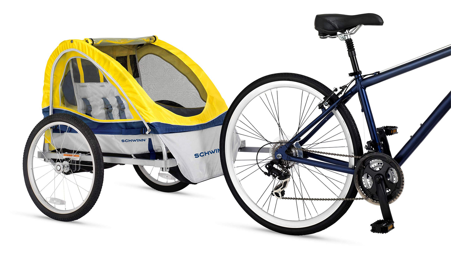 Remolque para Bicicleta Infantil Schwinn Echo Amarillo Gris con Toldo y Neumáticos de 20 Pulgadas para 2 Niños
