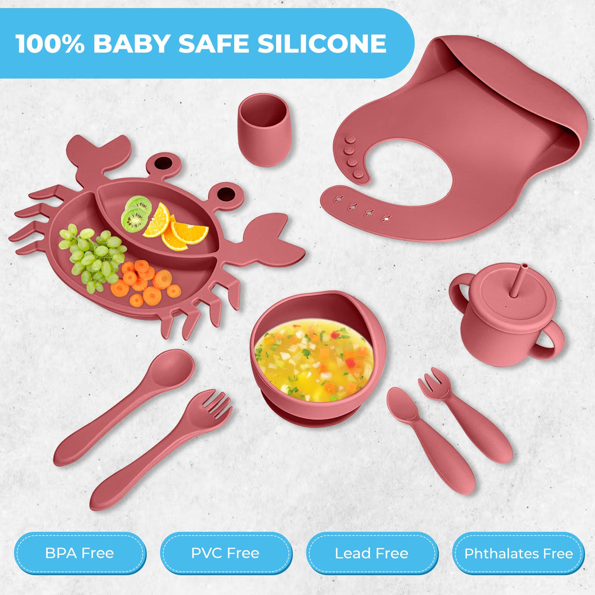 Suministros de destete LED para bebé, juego de alimentación de silicona para bebé, juego de placas de succión de silicona ultra completo Juego de 9 platos para bebés pequeños – Utensilios para comer