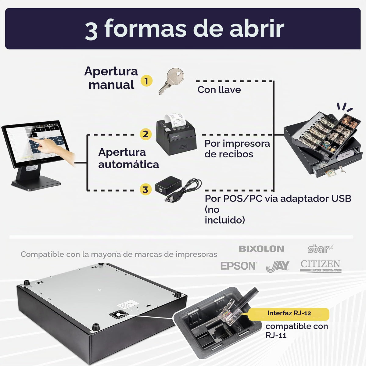 Cajón Registradora Volcora Negro con Bandeja Extraíble de 2 Niveles para POS