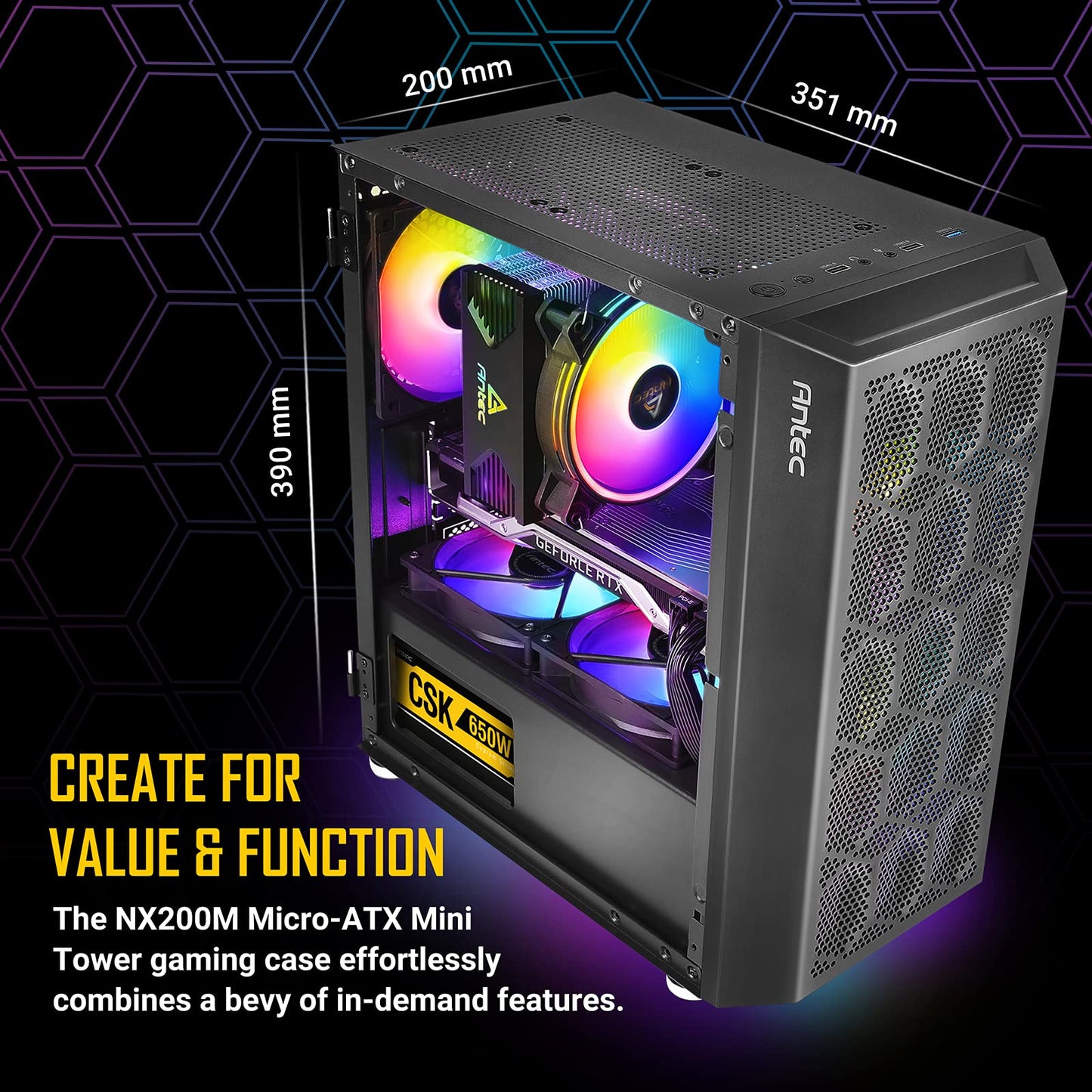 Antec NX200 M Micro-ATX Tower - Caja de Ordenador con Ventilador Trasero de 120 mm preinstalado, diseño de Malla en el Panel Frontal ventilado Flujo de Aire, Serie NX, Color Negro