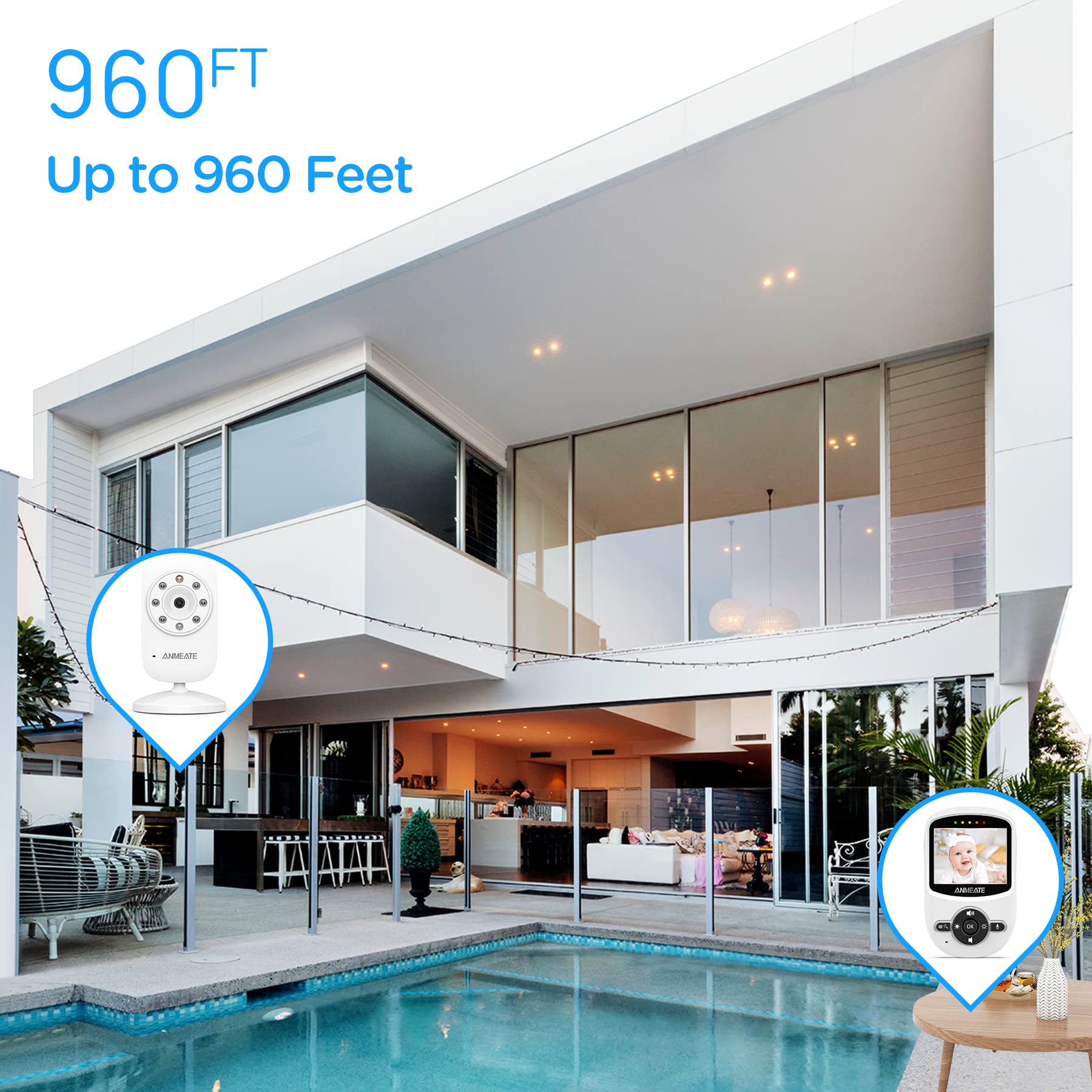 Monitor de Bebé con Cámara Digital ANMEATE Blanco Inalámbrico con Monitoreo de Temperatura y Habla Bidireccional