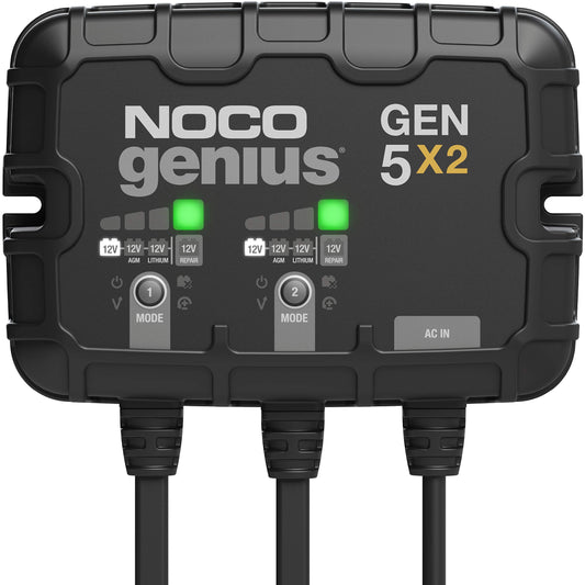 NOCO Genius GEN5X2, cargador de batería inteligente marino de 2 bancos, 10 A (5A/Banco), cargador de barco a bordo, impermeable de 12 V, mantenedor de batería y desulfador para baterías AGM, litio (LiFePO4) y ciclo profundo