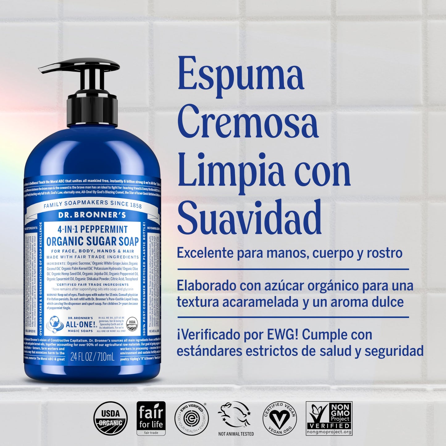 Dr. Bronner's | Jabón de azúcar orgánico líquido, fórmula hidratante y vegana para manos, cuerpo y rostro - Menta, 355 ml