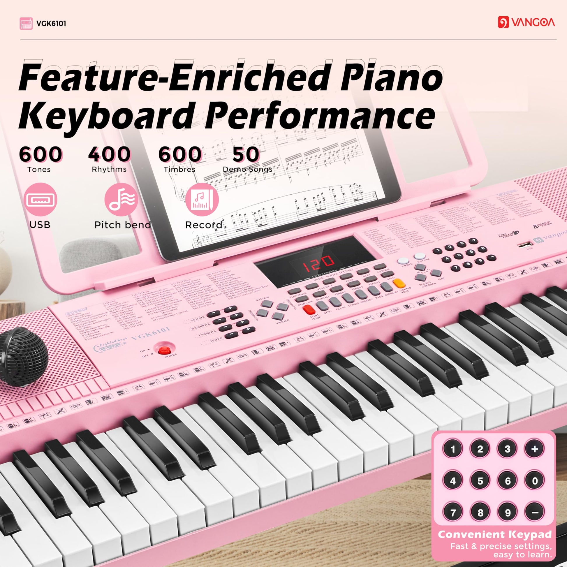 Teclado de Piano Vangoa Rosa 61 Teclas Kit Portátil con Micrófono para Niños y Estudiantes