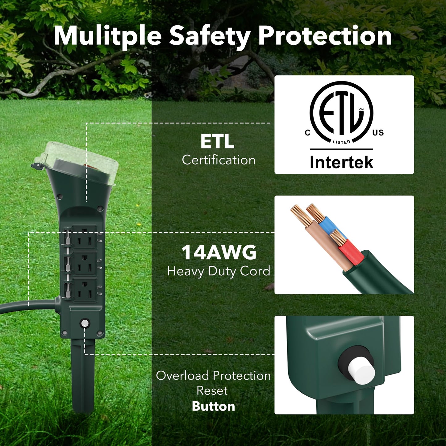 BN-LINK Estaca Eléctrica para Exterior con 6 Tomas, Cable de Extensión de 1.8 m, Regleta con Protección contra Sobrecargas y Tapas Impermeables, Resistente al Agua