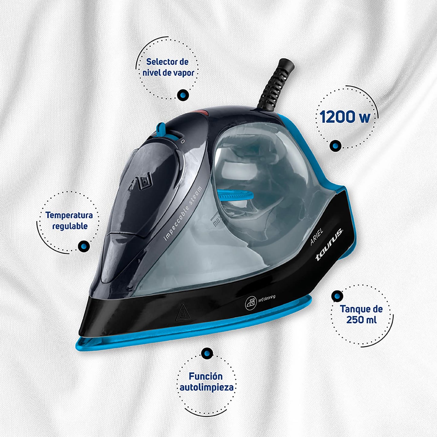 Plancha de Vapor Taurus ARIEL Antiadherente y Ultra Deslizante con Control de Temperatura y Auto Limpieza