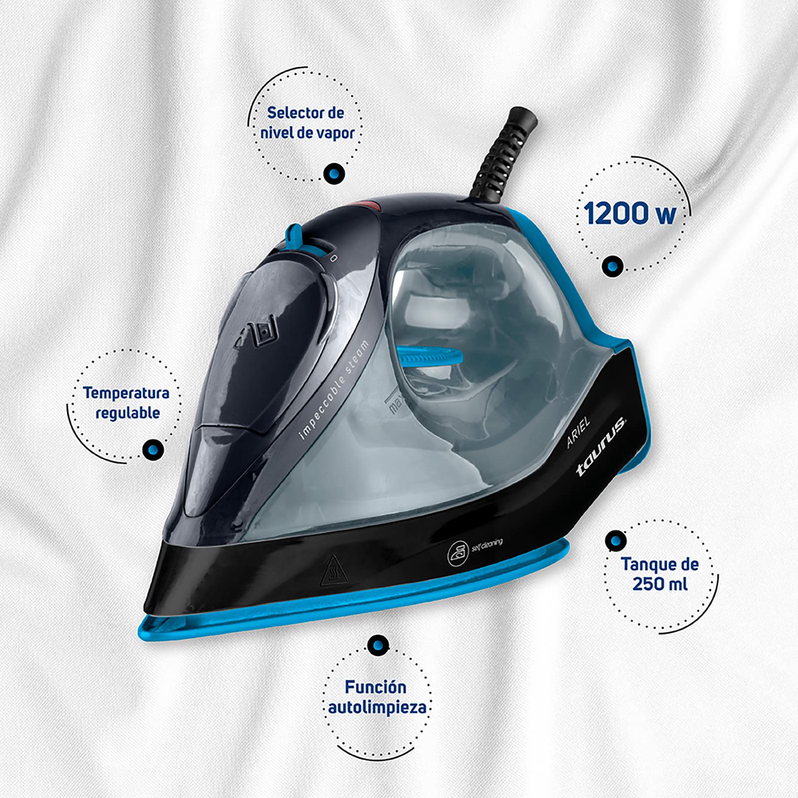 Plancha de Vapor Taurus ARIEL Antiadherente y Ultra Deslizante con Control de Temperatura y Auto Limpieza