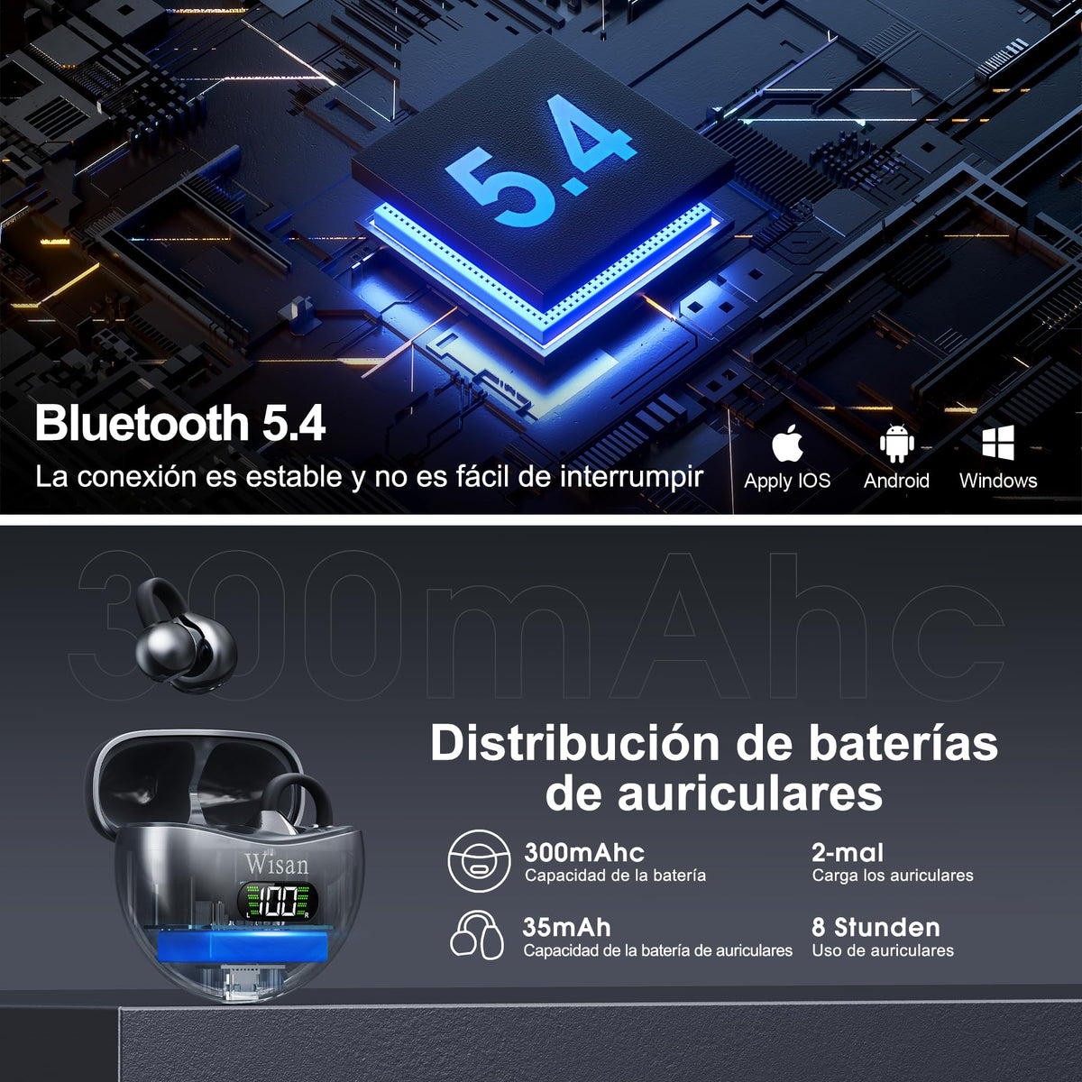 Auriculares Inalámbricos Deportivos WISAN Bluetooth 5.4 Pantalla LED Reducción de Ruido para Correr iPhone y Android