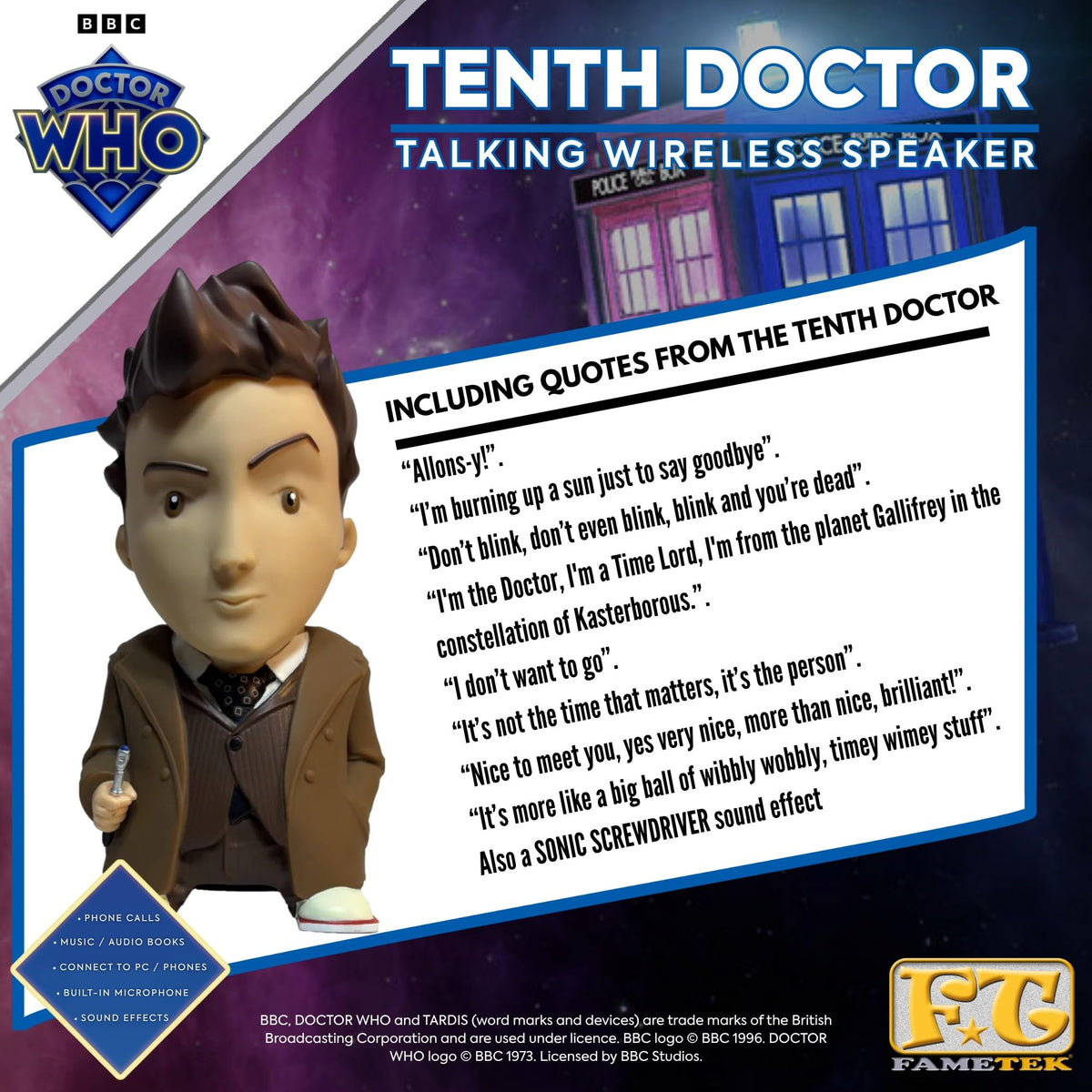 Altavoz Bluetooth FAMETEK Décimo Doctor de Doctor Who con Figura Parlante Seis Pulgadas y Citas Icónicas