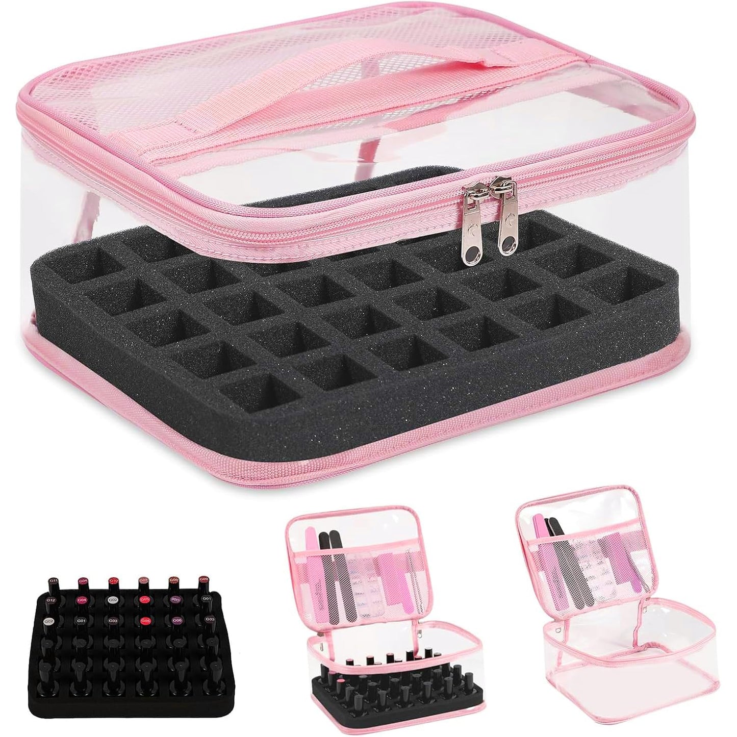 Beloving - Organizador de esmalte de uñas transparente con capacidad para 30 botellas, estuche de esmalte de uñas de PVC, suministros de uñas transparentes con herramientas de manicura, secciones de
