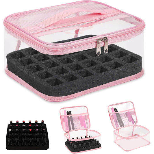 Beloving - Organizador de esmalte de uñas transparente con capacidad para 30 botellas, estuche de esmalte de uñas de PVC, suministros de uñas transparentes con herramientas de manicura, secciones de