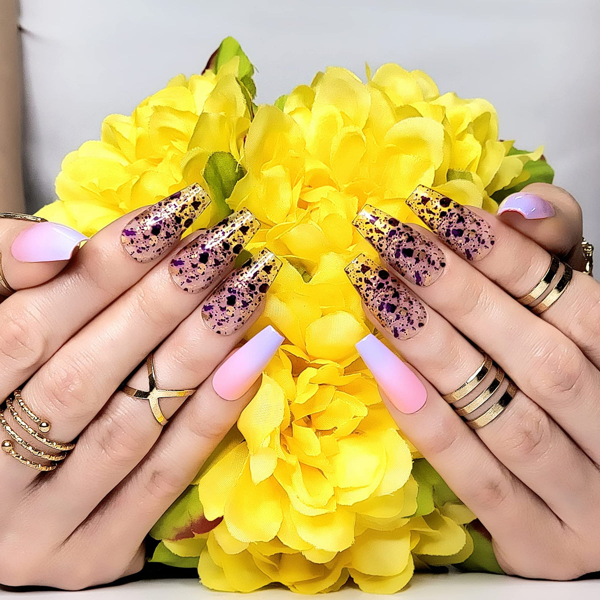 Hypnaughty 24 Pcs Rio Purple and Pink Ombre Coffin Press on Nails with Design and Glue Long and Extra Long Fake Nails Purple and Pink Ombre with Transparent Gold and Purple Design Glue on Nails (Rio)