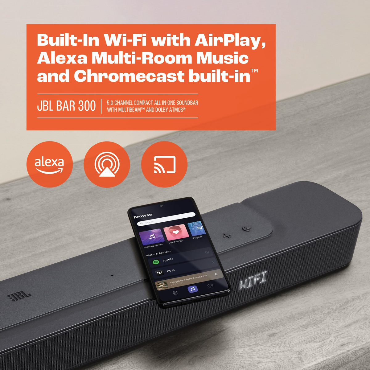 Barra de Sonido JBL 300 Negro con Wi-Fi/Bluetooth y Dolby Atmos 5.0 Multibeam 260W