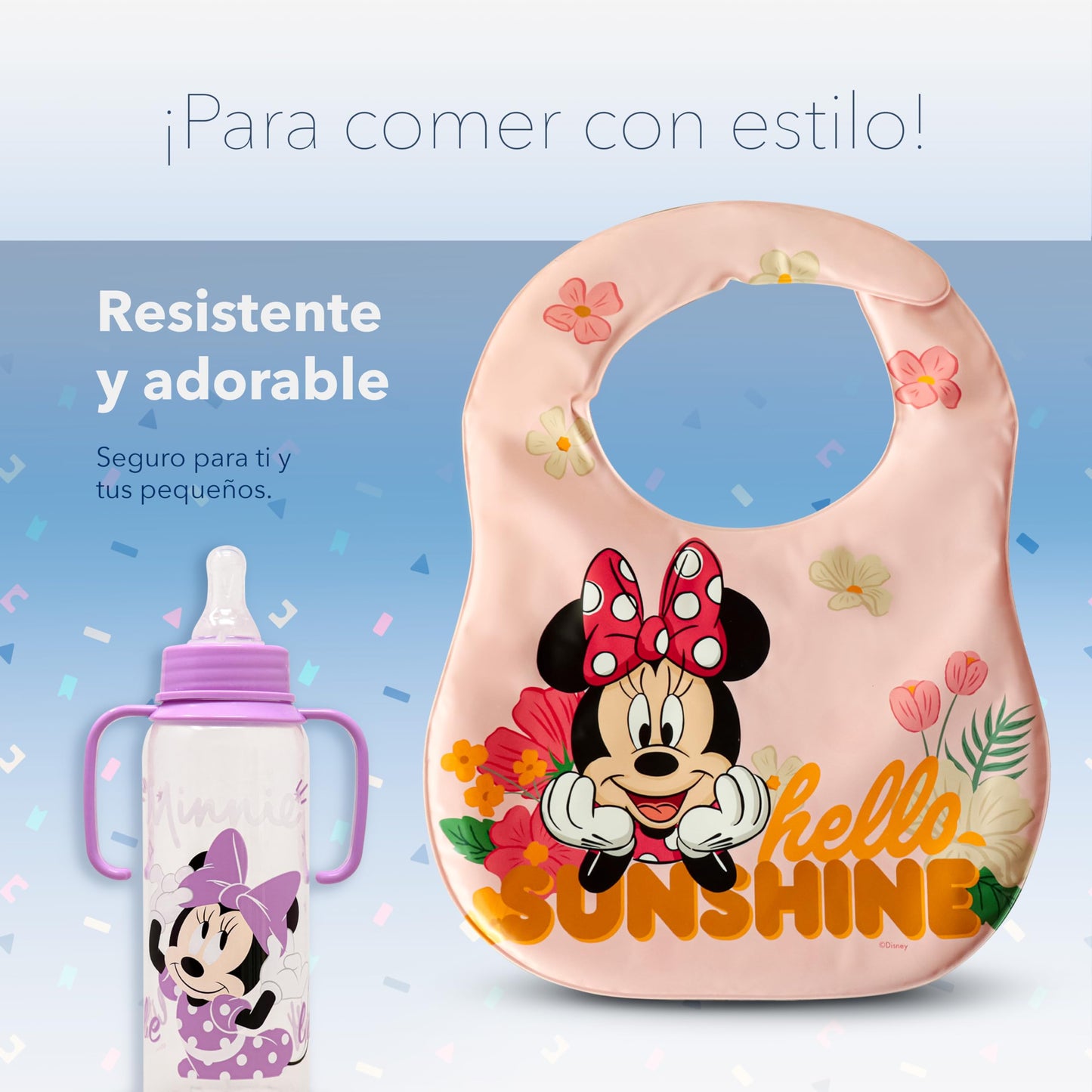 GAIRET Kit de Minnie Mouse para Bebé Niña: Incluye 2 Biberones de 9 oz con Asas y Sellado Antiderrames, 1 Babero Impermeable y 1 Chupón de Silicona con Sujetador de Ropa, Oficial Disney, 4 Piezas
