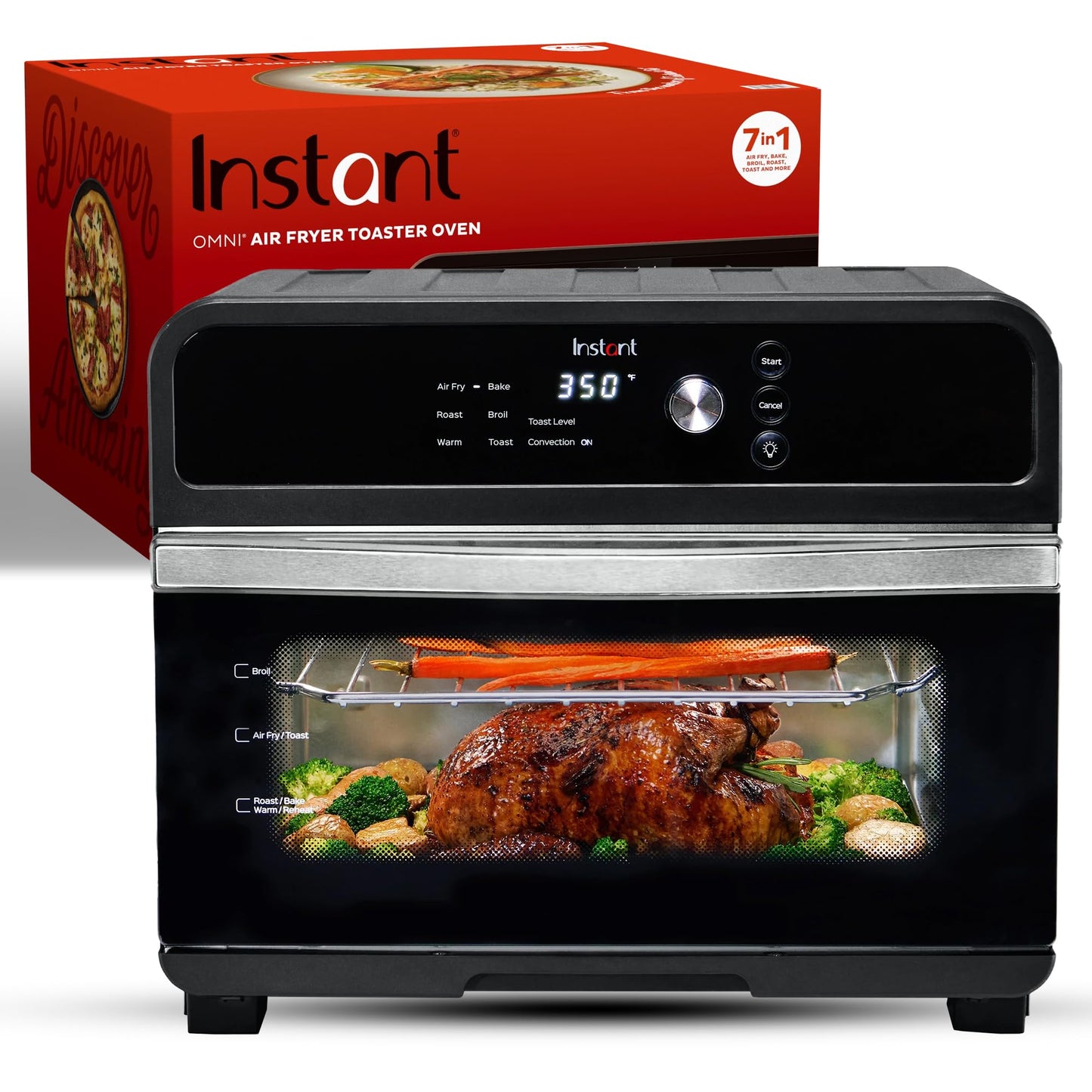 Instant Omni 19QT/18L - Freidora de aire para horno tostador, funciones 7 en 1, se adapta a pizza de 12 pulgadas, patatas fritas, broils, hornear, asados, tostadas, calienta, convección, más de 100