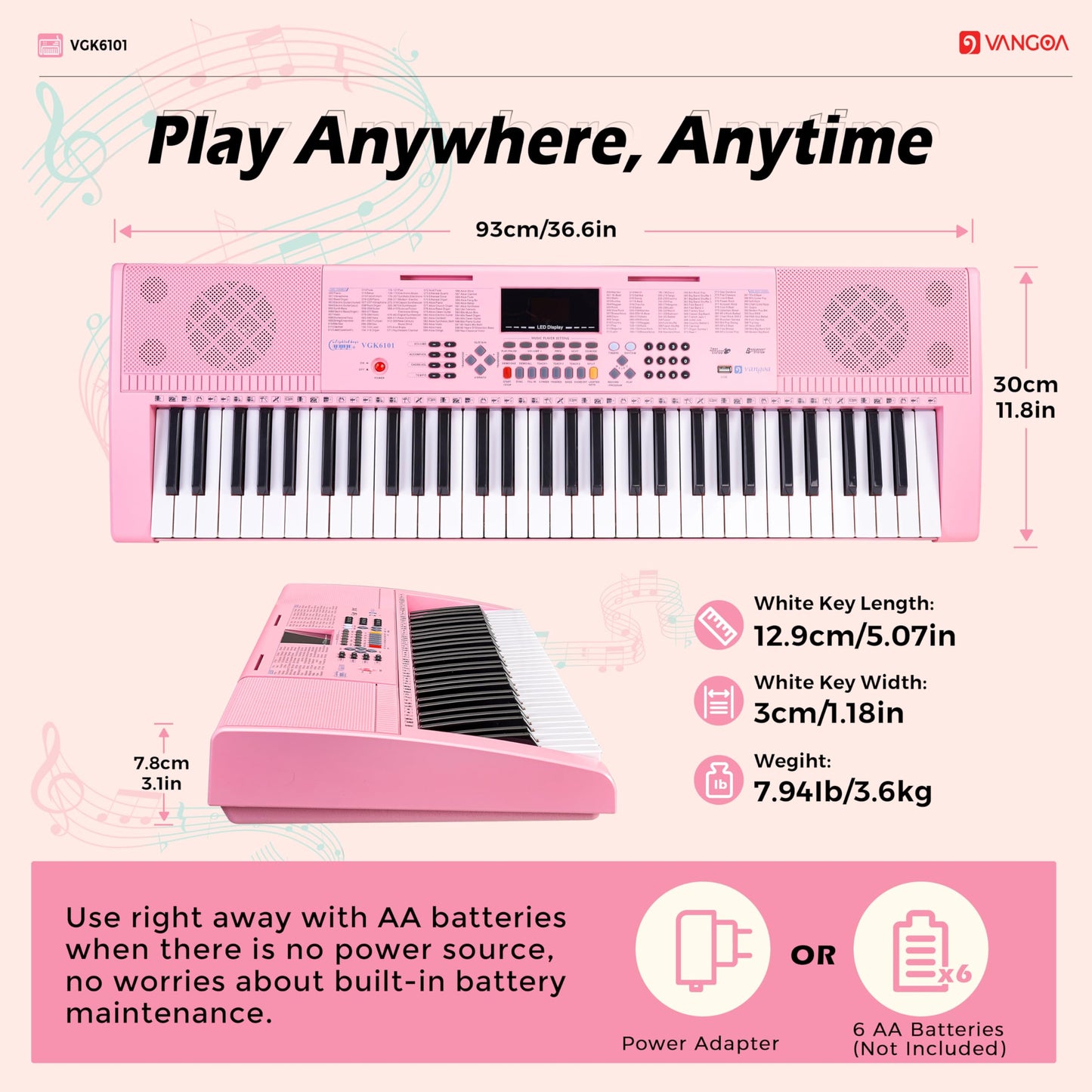 Teclado de Piano Vangoa Rosa 61 Teclas Kit Portátil con Micrófono para Niños y Estudiantes