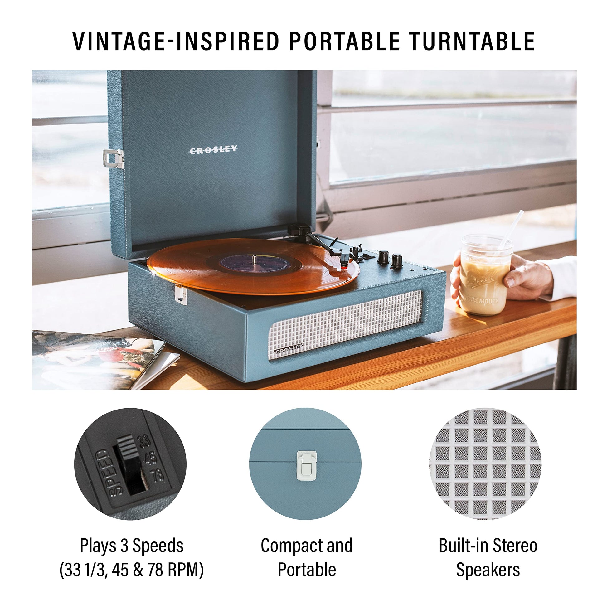 Crosley CR8017B-WB Voyager Vintage Portable Turntable with Bluetooth in/out and Built-in Speakers, Washed Blue