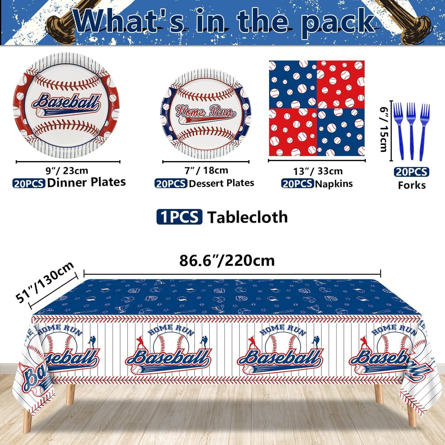 Decoraciones para fiestas de béisbol, 81 juegos de platos y servilletas de béisbol, mantel, tenedores azules para fanáticos de los deportes, suministros para fiestas de cumpleaños para niños y