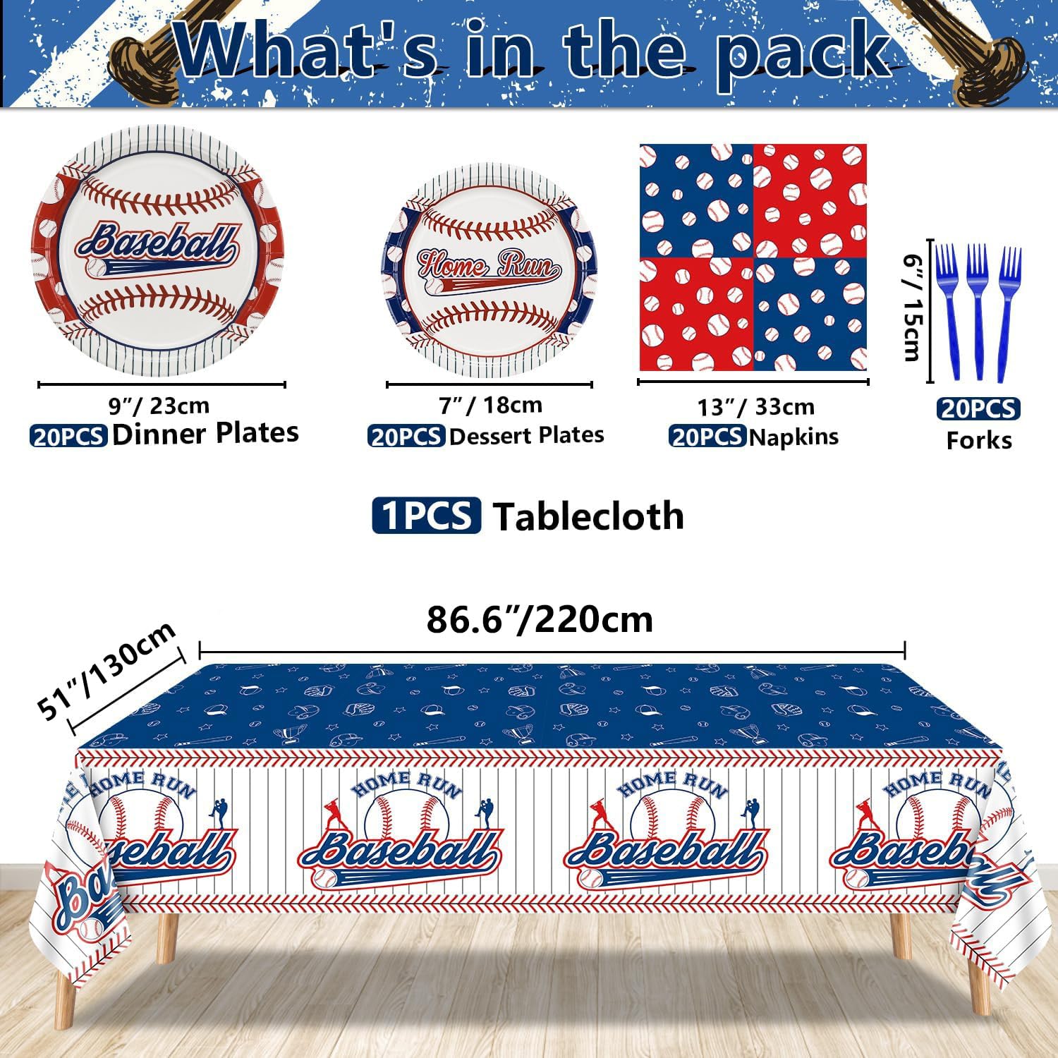 Decoraciones para fiestas de béisbol, 81 juegos de platos y servilletas de béisbol, mantel, tenedores azules para fanáticos de los deportes, suministros para fiestas de cumpleaños para niños y