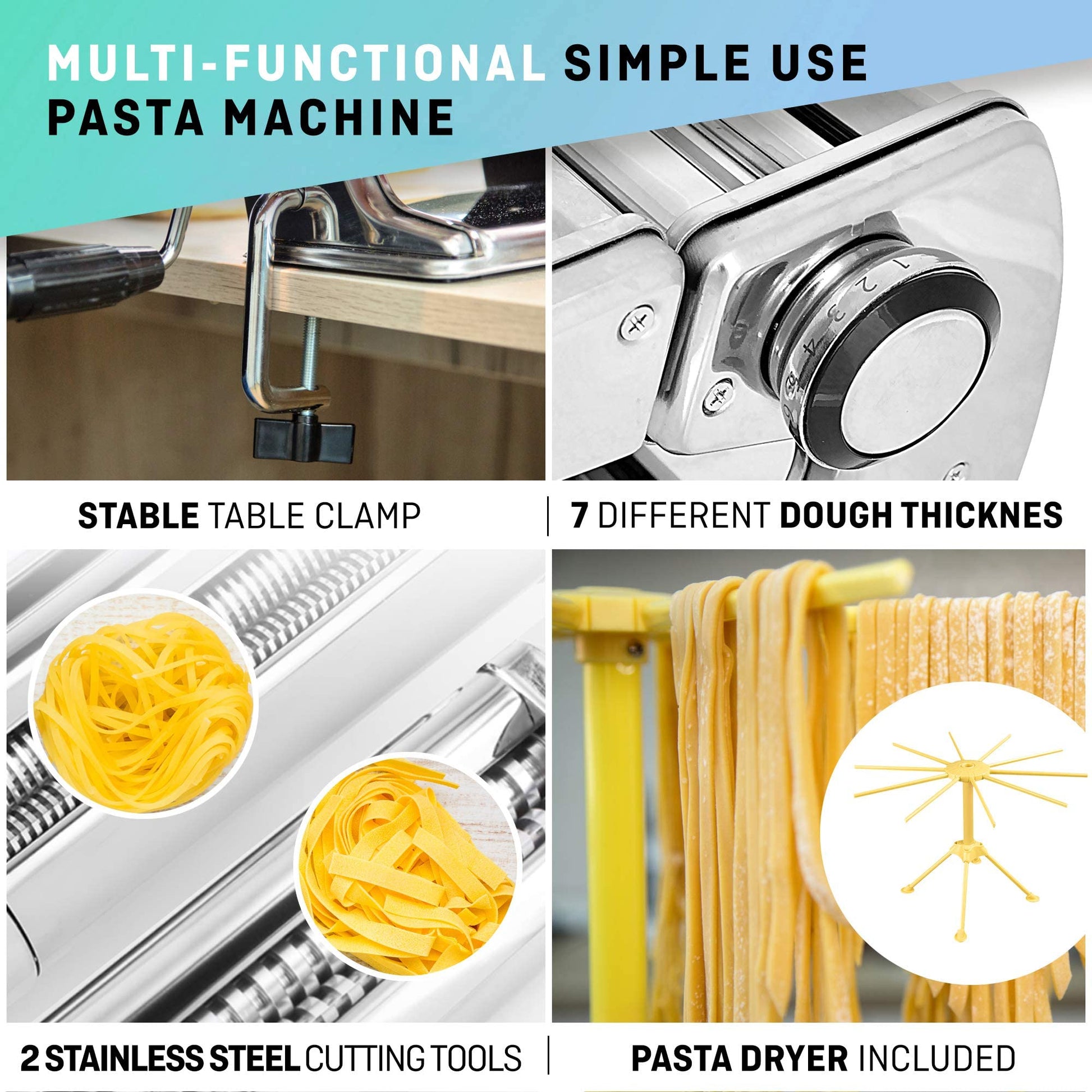 Máquina de Pasta Plana VeoHome Acero Inoxidable Ajustable con Cortador para Fideos Caseros Frescos