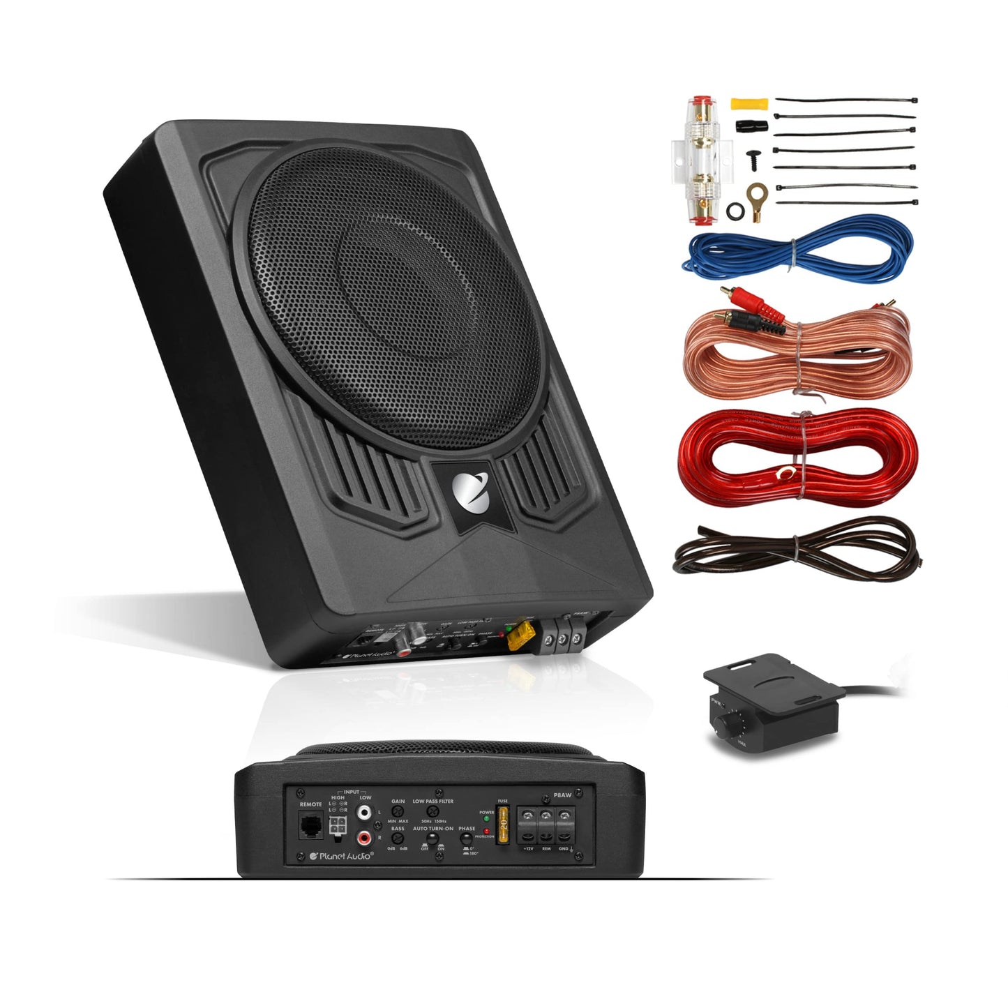 Planet Audio P8AWK - Subwoofer de perfil bajo de 8 pulgadas con motor para debajo del asiento, 800 de alta salida, amplificador integrado, para camiones, cajas y recintos, control remoto de subwoofer
