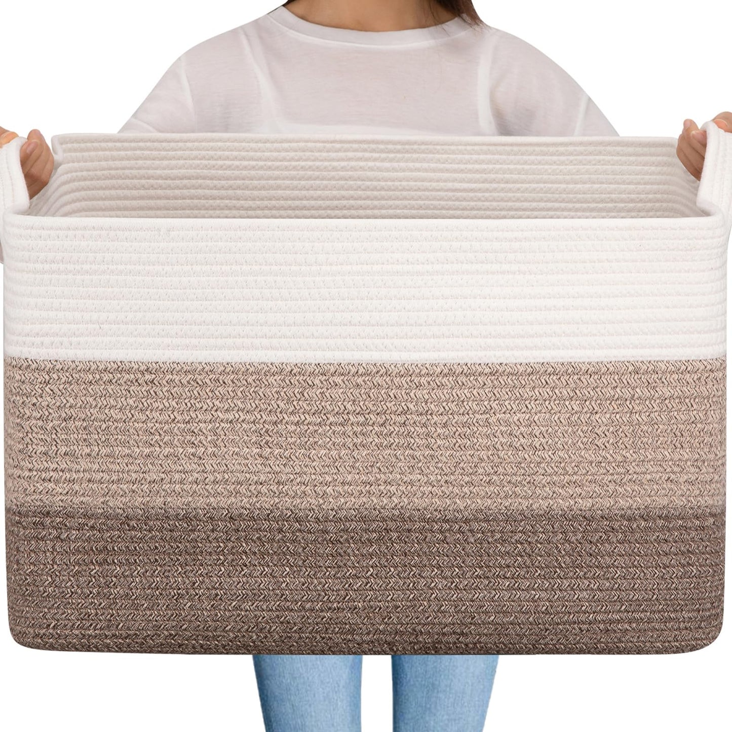 OIAHOMY - Cesta de manta extragrande, cuerda de algodón de 95 l, cesta de juguetes para habitación de bebé, cesta para almacenamiento de mantas en sala de estar, 24 x 17 x 14 pulgadas, café degradado