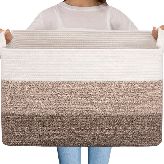 OIAHOMY - Cesta de manta extragrande, cuerda de algodón de 95 l, cesta de juguetes para habitación de bebé, cesta para almacenamiento de mantas en sala de estar, 24 x 17 x 14 pulgadas, café degradado