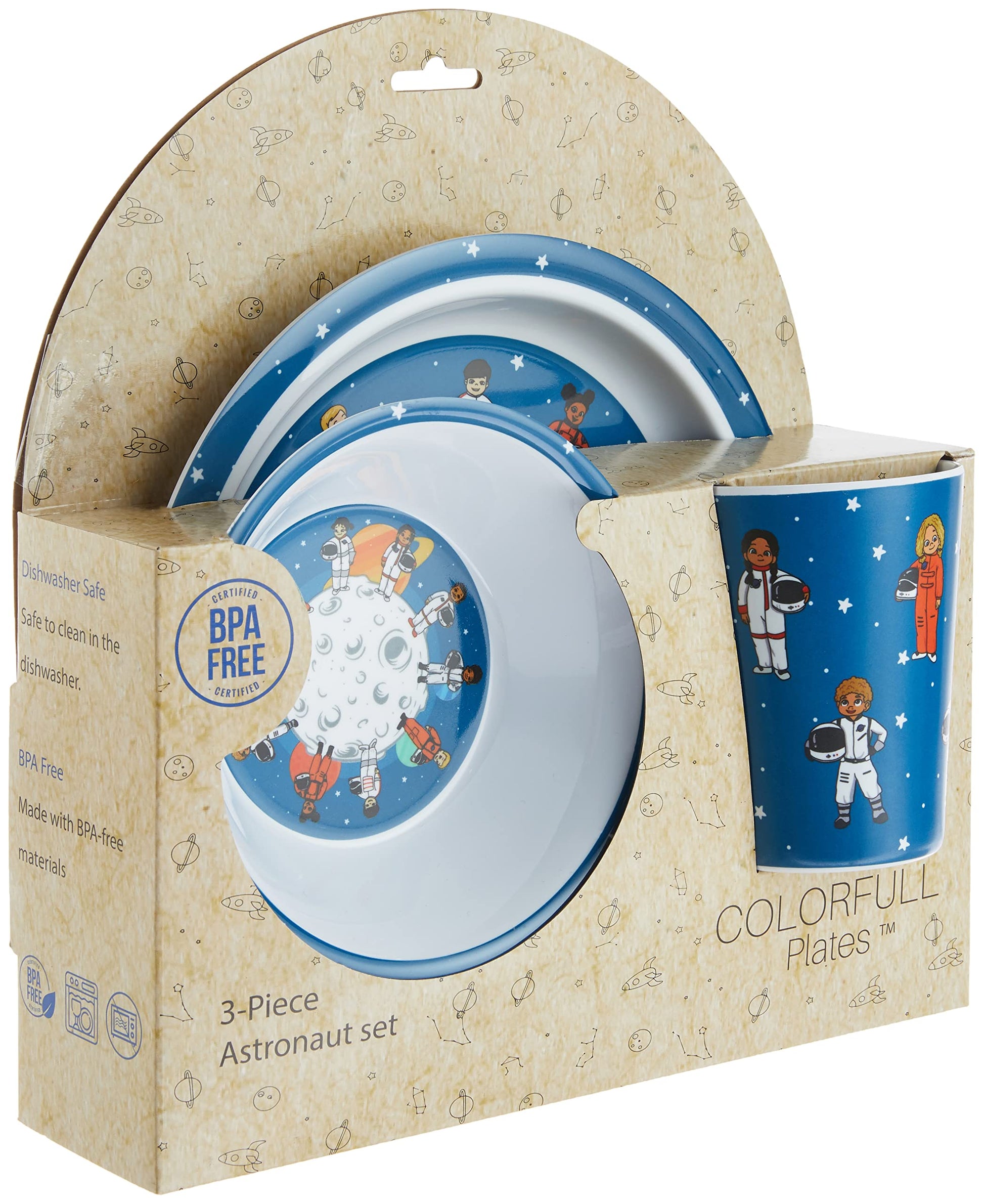 Colorfull Plates Juego de vajilla para niños, astronauta y temática espacial (plato de comida, cuenco y taza) regalo para niños y bebés