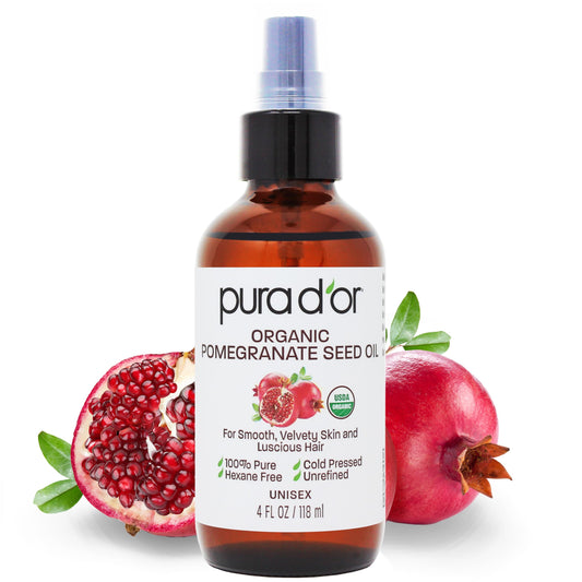PURA D'OR Óleo de romã orgânico de 118 ml – Óleo de romã prensado a frio 100% puro certificado pela USDA – Óleo corporal orgânico para cabelo, rosto e pele – Hidratante capilar puro óleo de limpeza – Óleo de cicatriz
