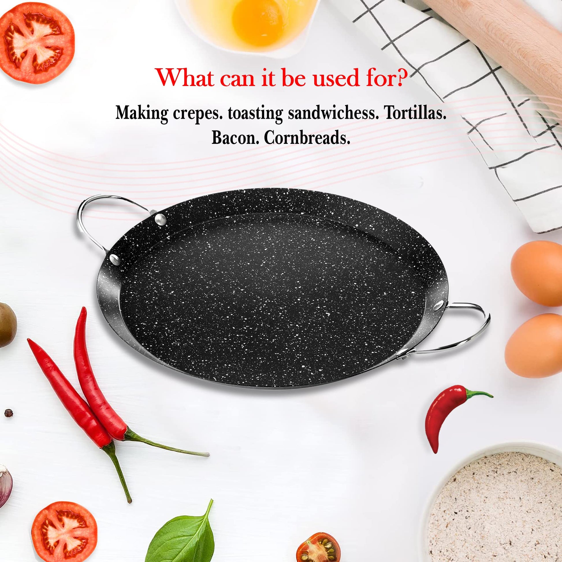Alpine Cuisine - Plancha redonda Comal de 9.5 pulgadas, plancha negra con doble asa duradera, duradera y resistente Comal para cocinar, calentamiento uniforme