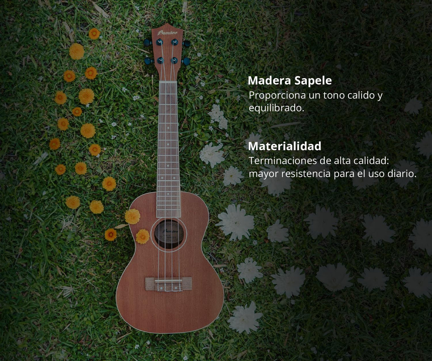 BAMBOO, Ukulele Concierto Electroacústico, madera Sapele, 23 pulgadas, Funda Acolchada, Equalizador con Afinador.