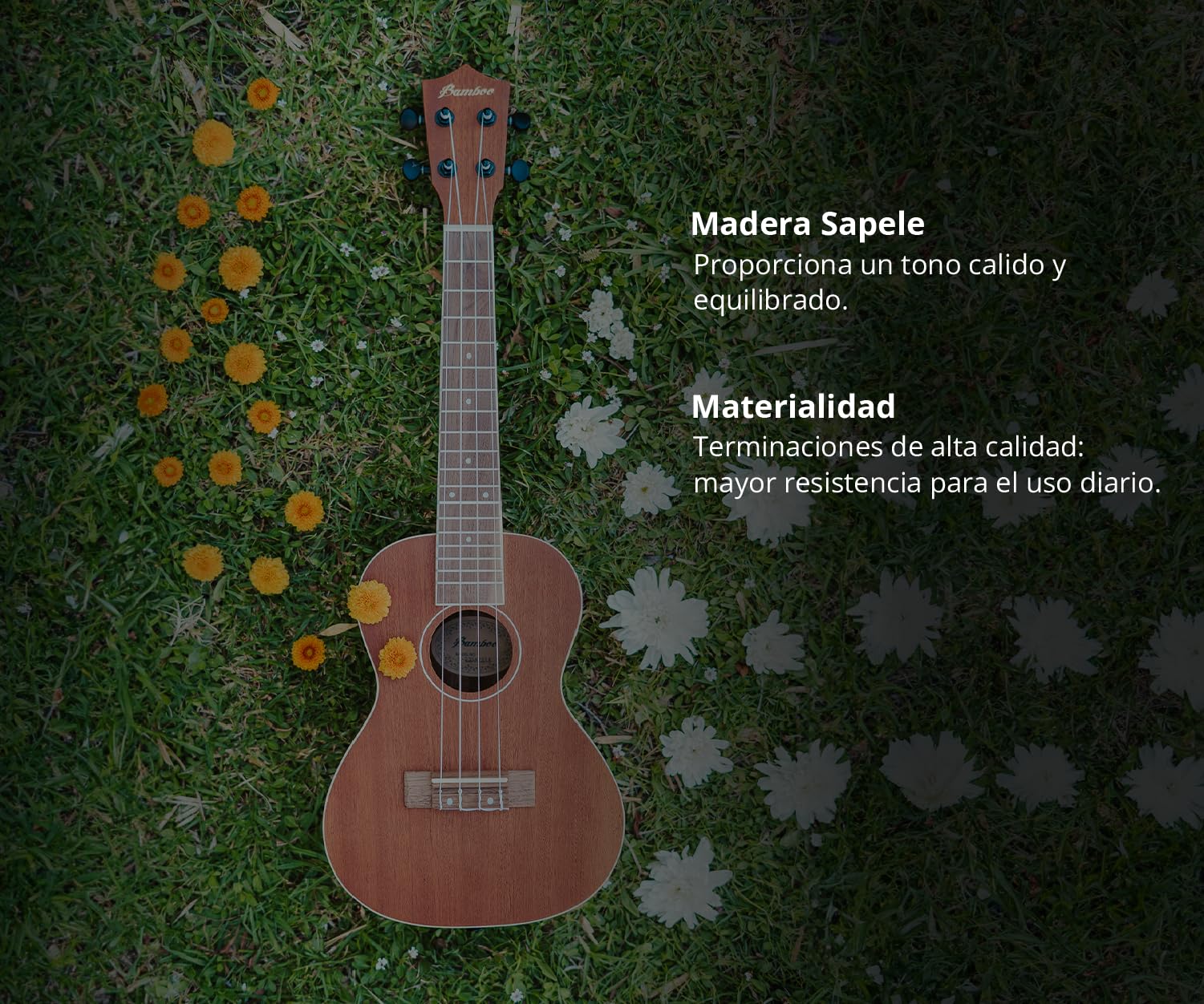 BAMBOO, Ukulele Concierto Electroacústico, madera Sapele, 23 pulgadas, Funda Acolchada, Equalizador con Afinador.